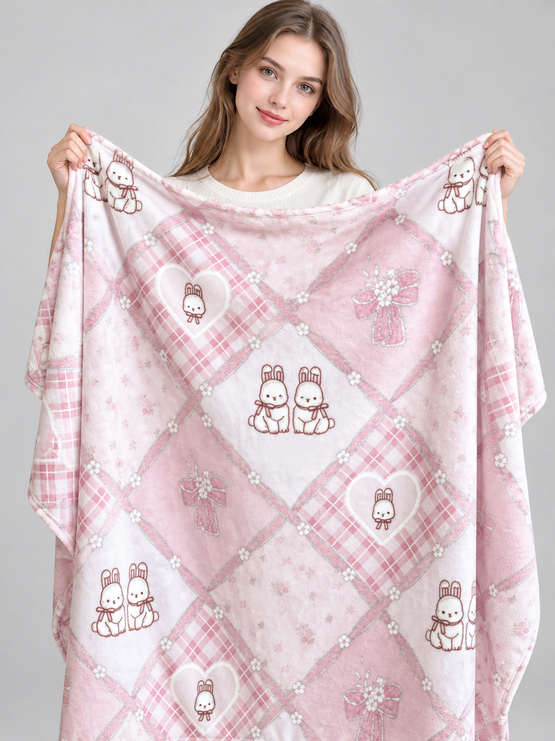 Reversible pink and white blanket with bunnies and bows