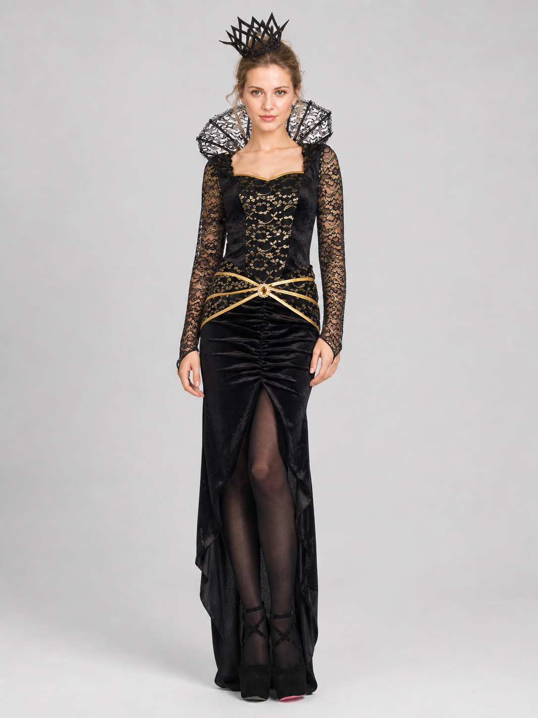 Black Dress with Lace Sleeves and Gold Pattern Costume Dresses detail 3