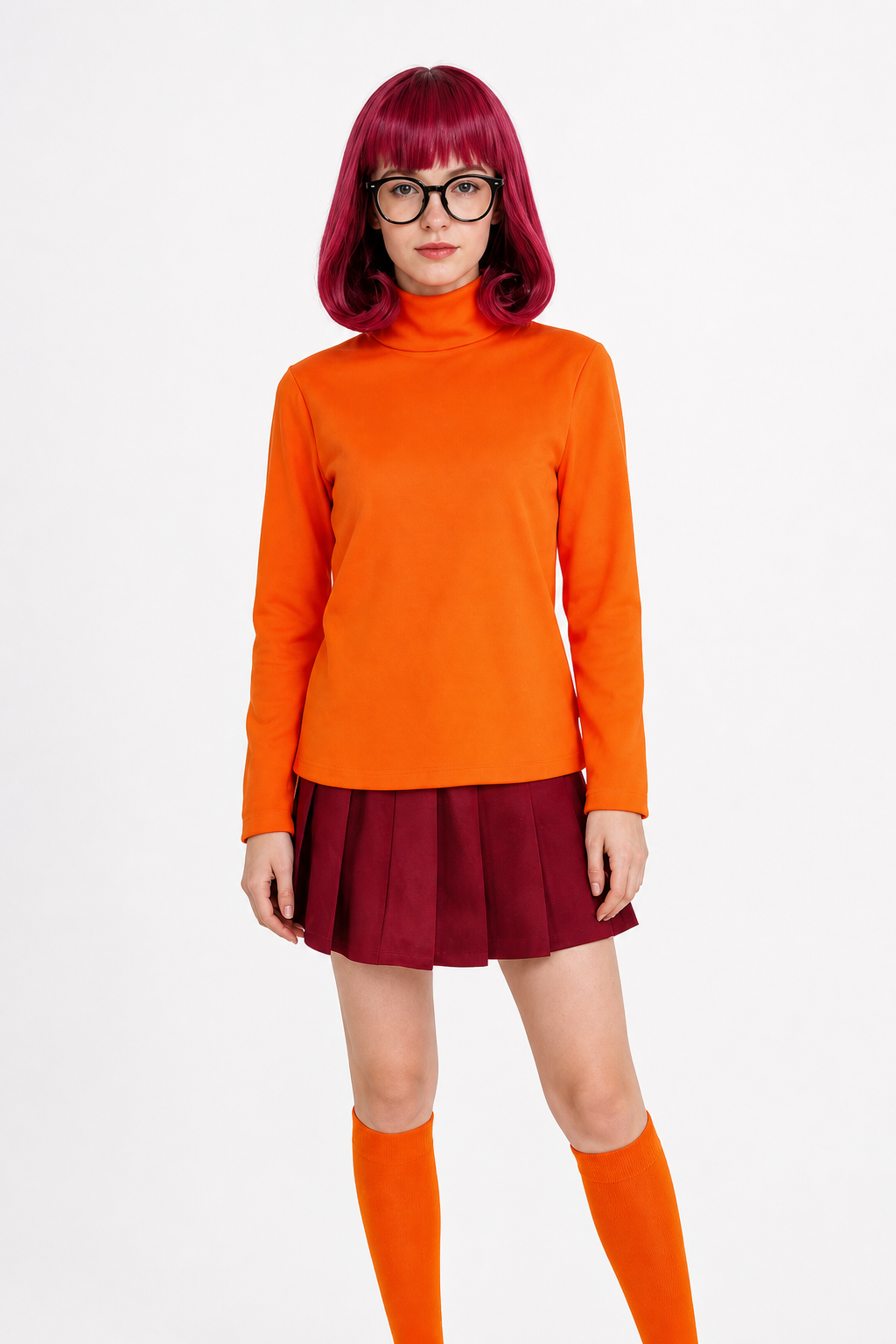 Velma Cosplay Costume: Skirt, Knee-High Socks, Wig, and Glasses Costume Wigs detail 3