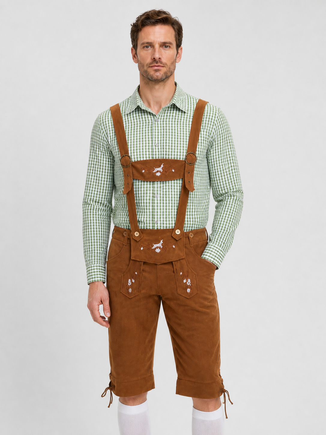 Plaid Folk Costume with Embroidery and Suspenders Costumes detail 3