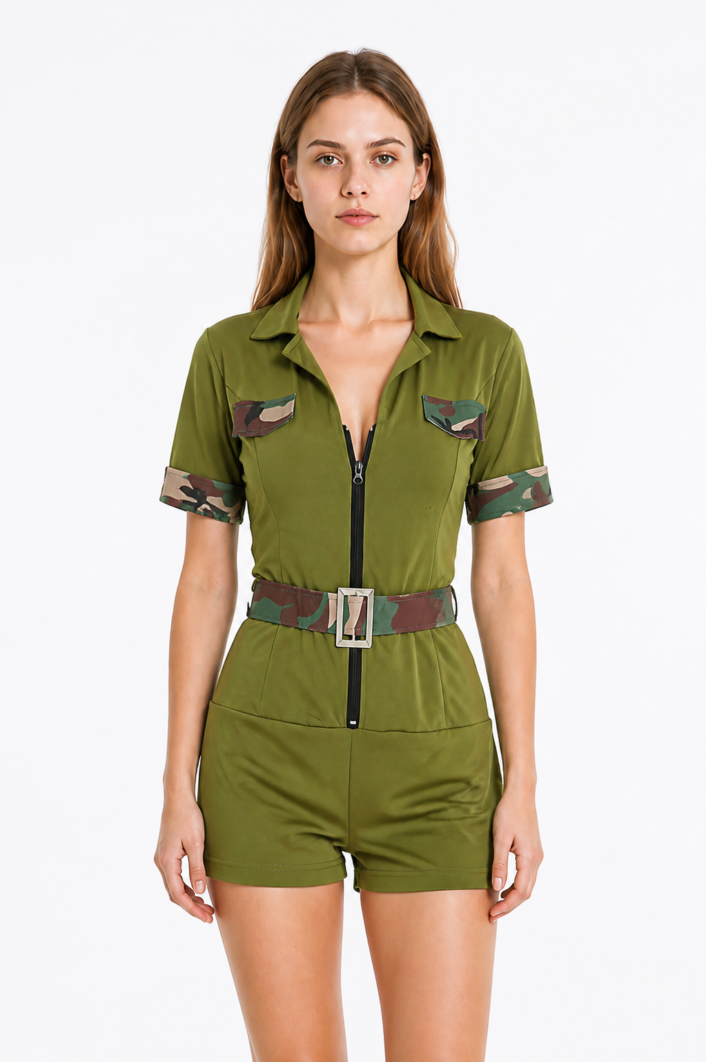 Short Khaki Military Jumpsuit with Belt product detail 3
