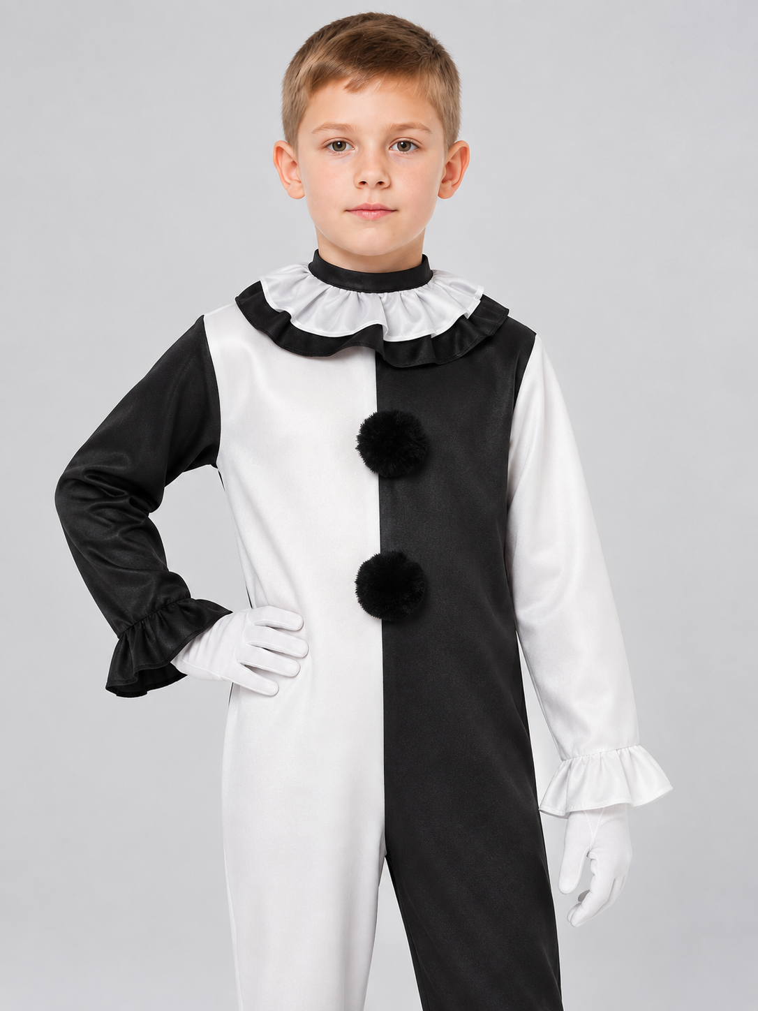 Black and White Clown Costume with Stand-Up Collar and Gloves