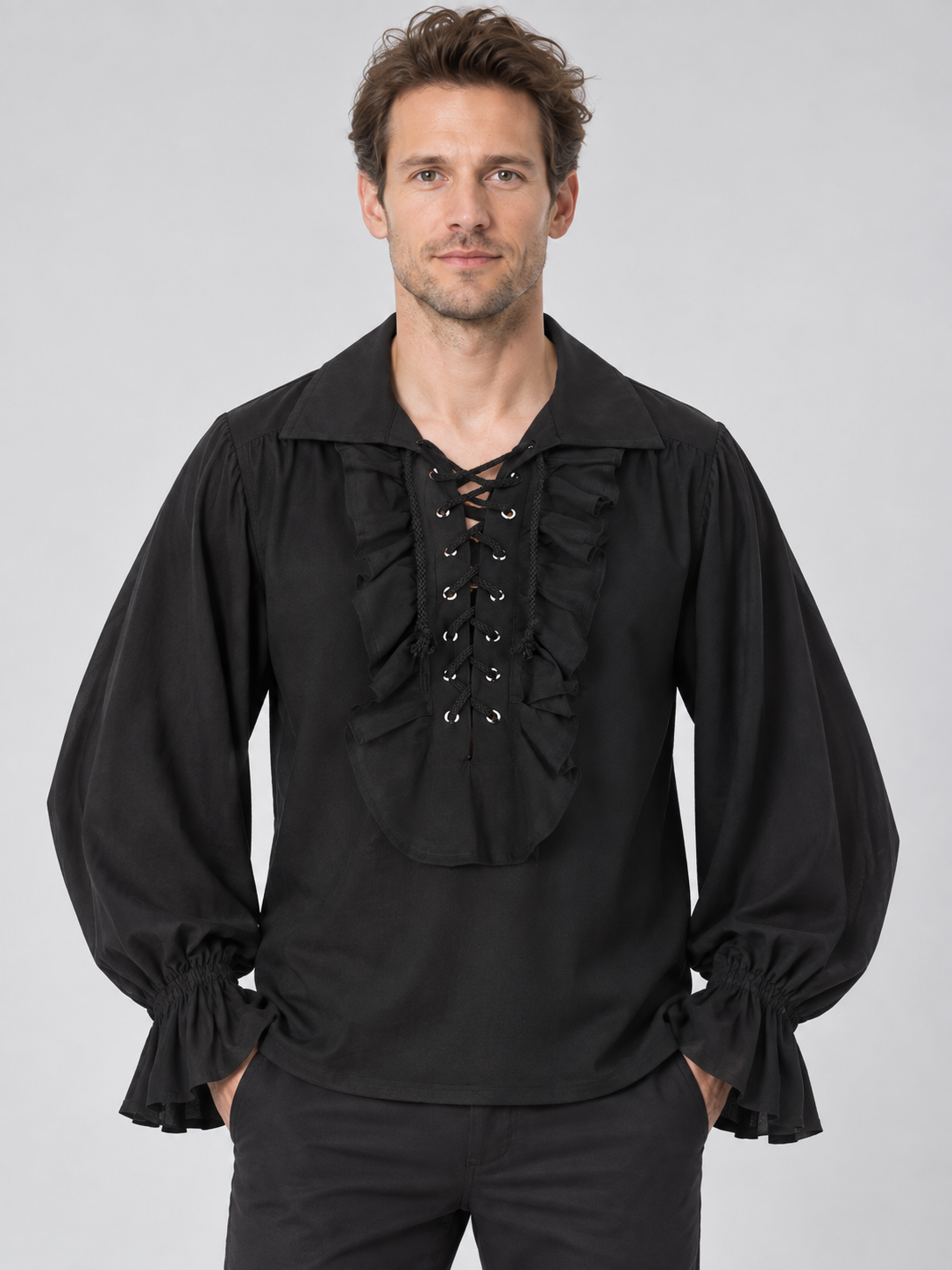 Black Shirt with Puff Sleeves, Ruffles, and Lacing