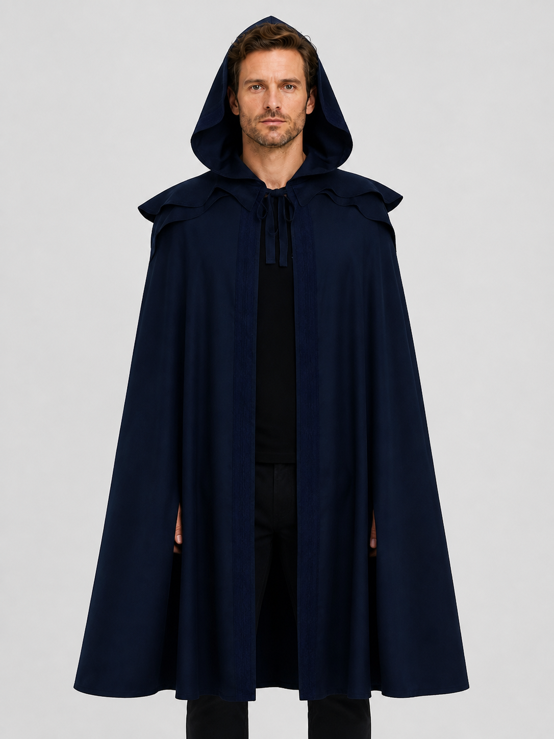 Long Blue Gothic Hooded Cloak with Ties Costume Capes detail 3