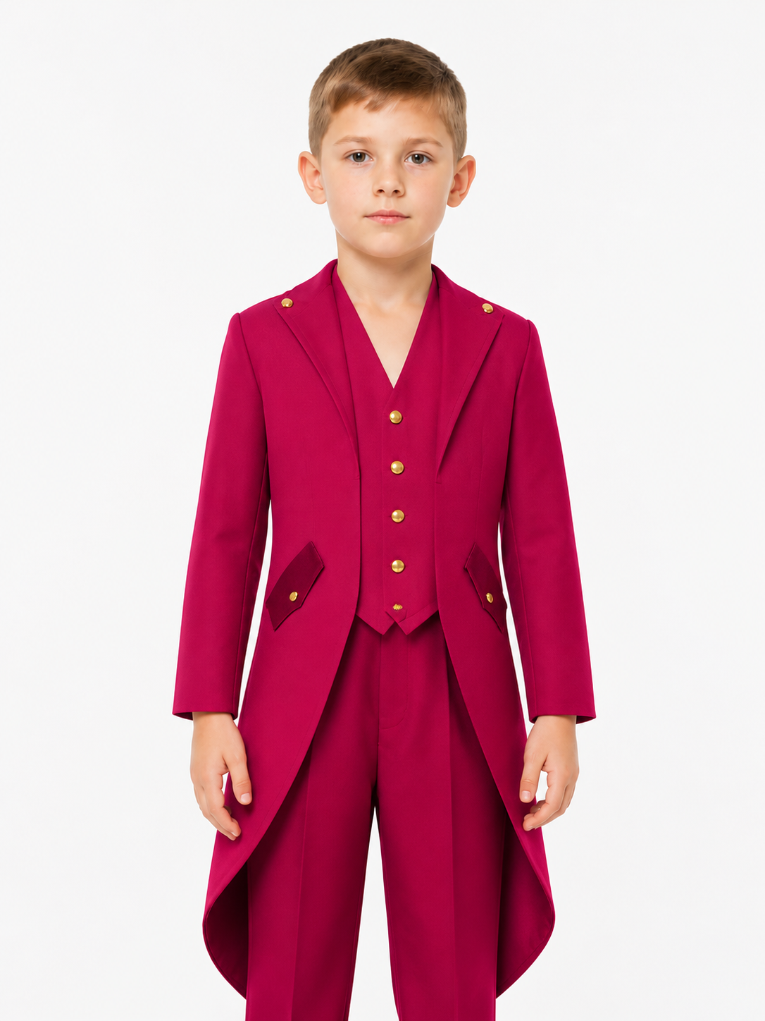 Men’s Burgundy Tailcoat with Lapels and Gold Buttons product detail 3