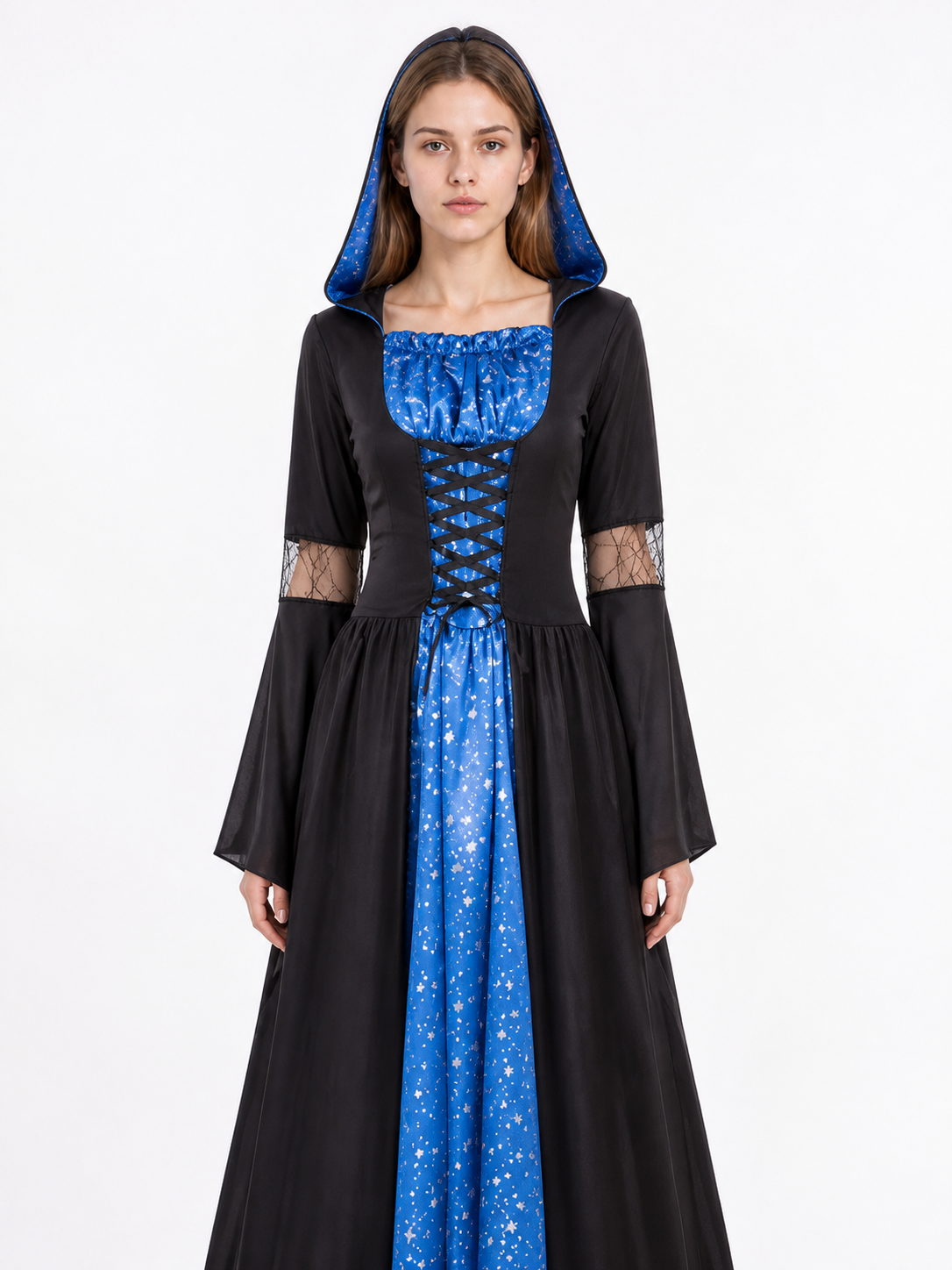 Long Black and Blue Witch Dress with Hood and Stars Costume Dresses detail 3
