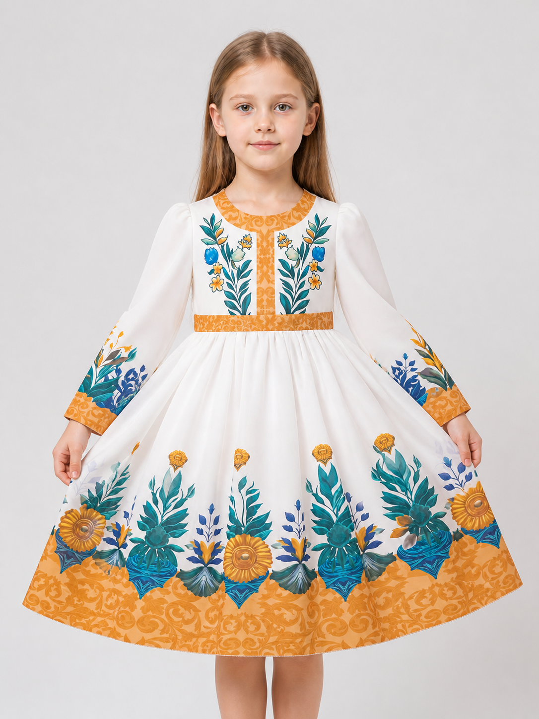 Girls' Floral Print Dress, Long Sleeves