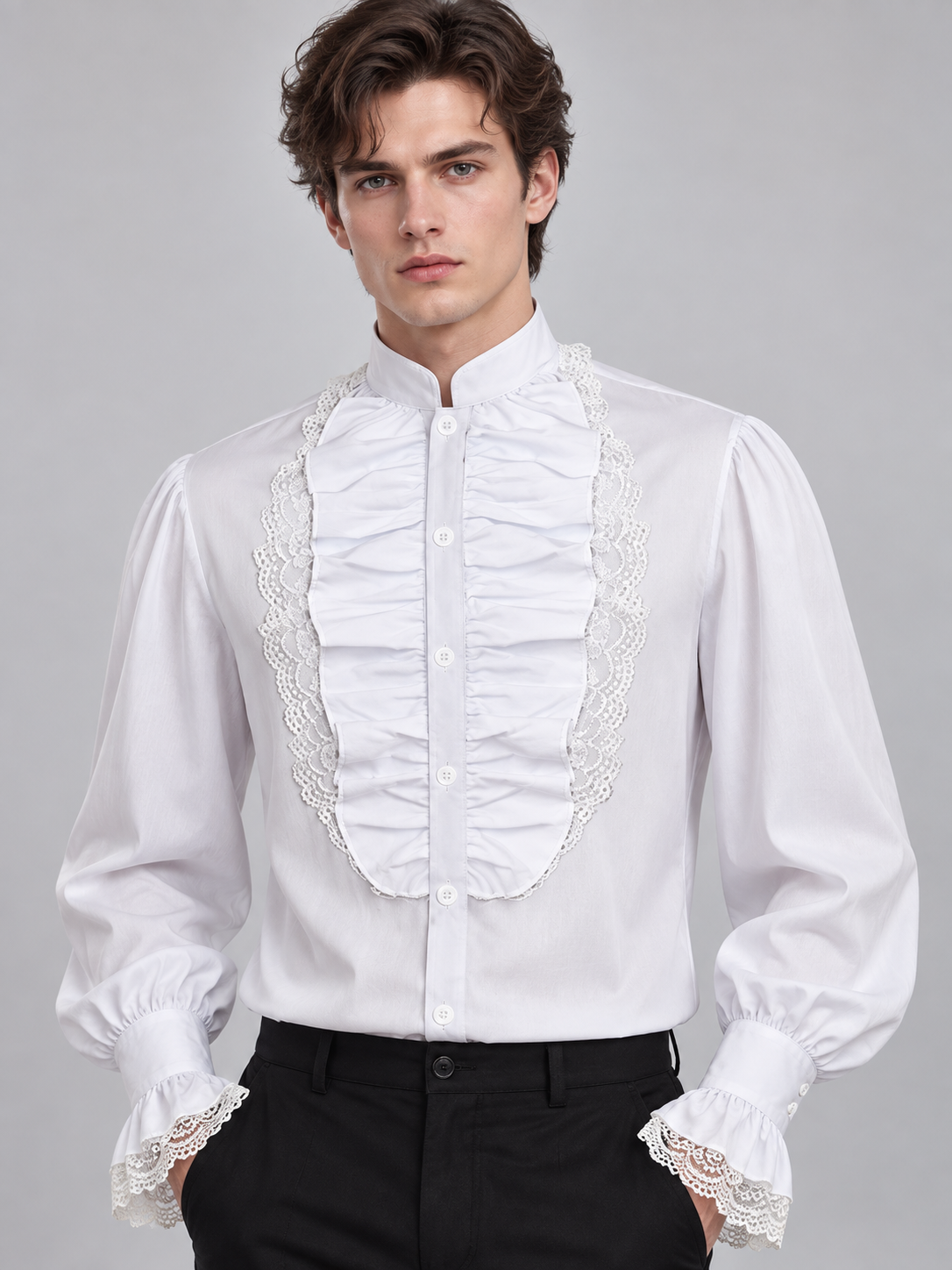 White shirt with ruffles, lace, and a stand collar