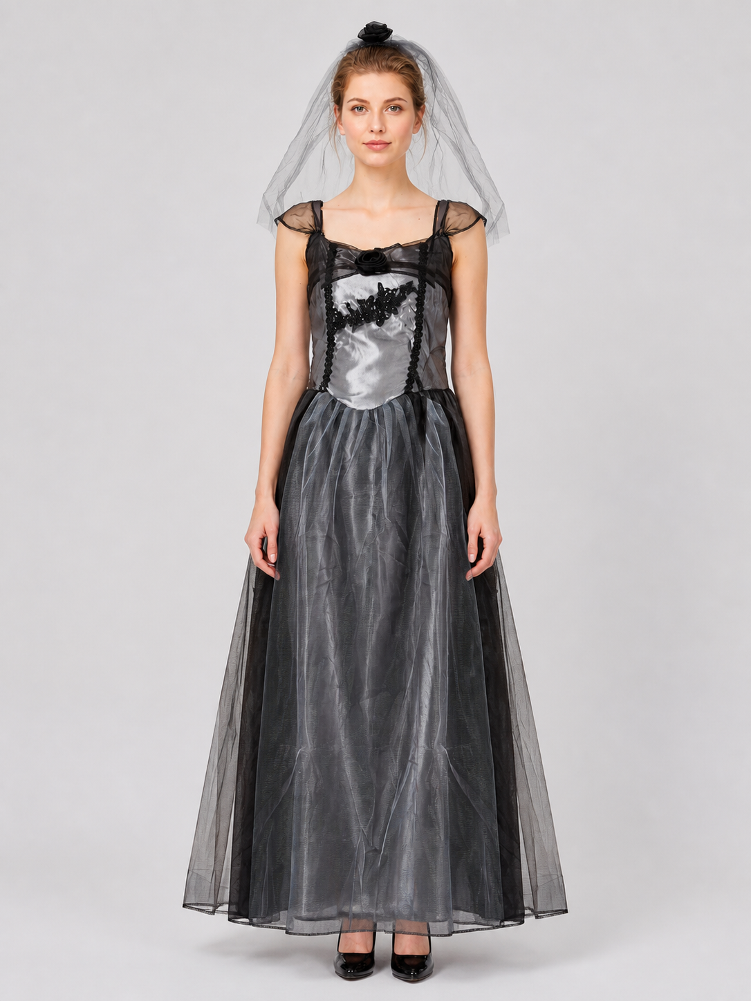 Black and Gray Vampire Bride Costume Dress with Veil Costume Dresses detail 3