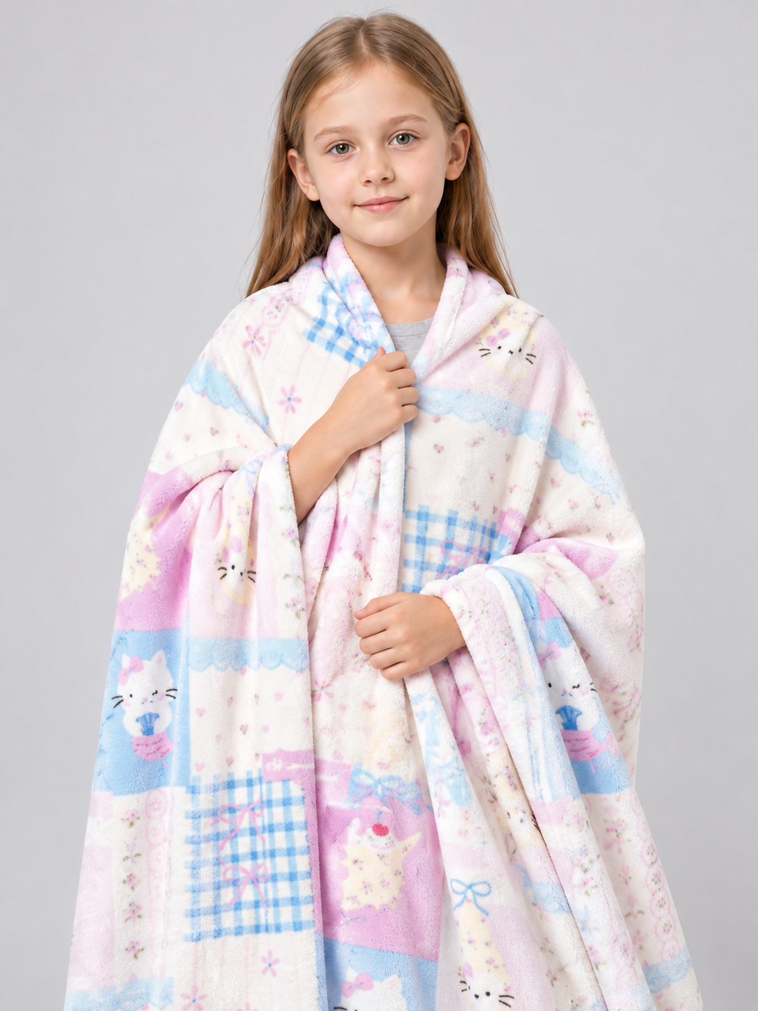 Reversible Fleece Blanket with Kittens and Bows, Pastel