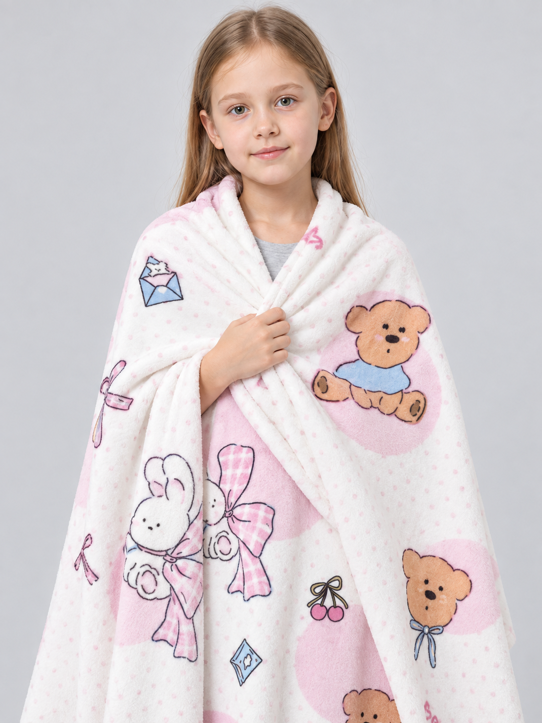 Reversible blanket with cartoon print and bows