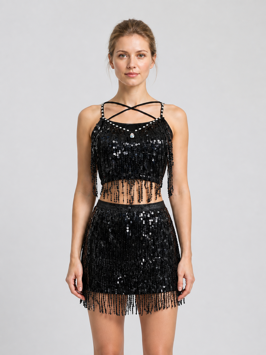 Stage Costume Top and Mini Skirt with Sequins and Fringe Costumes detail 3