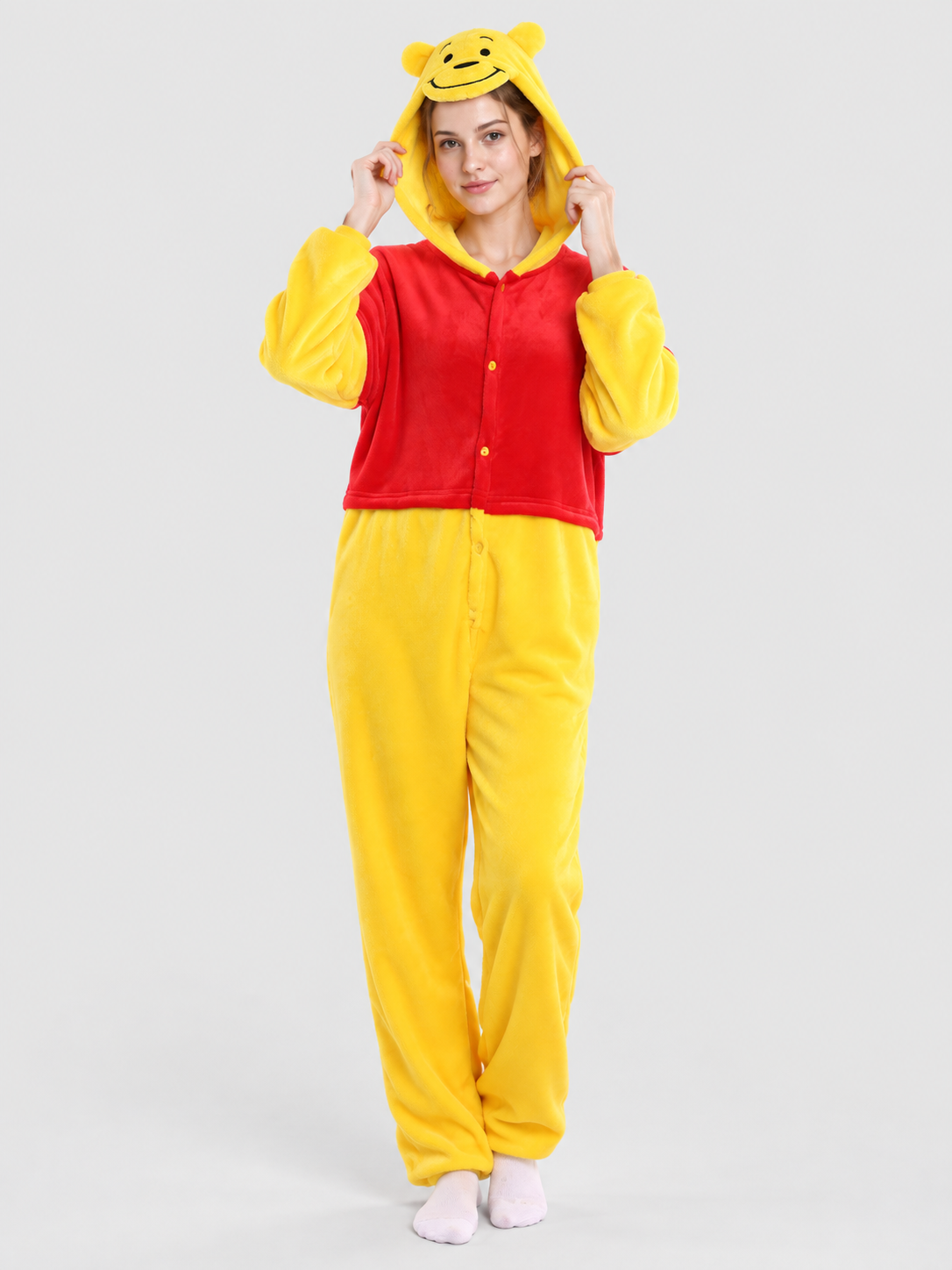 Yellow and Red Pajama Jumpsuit with Hood and Ears