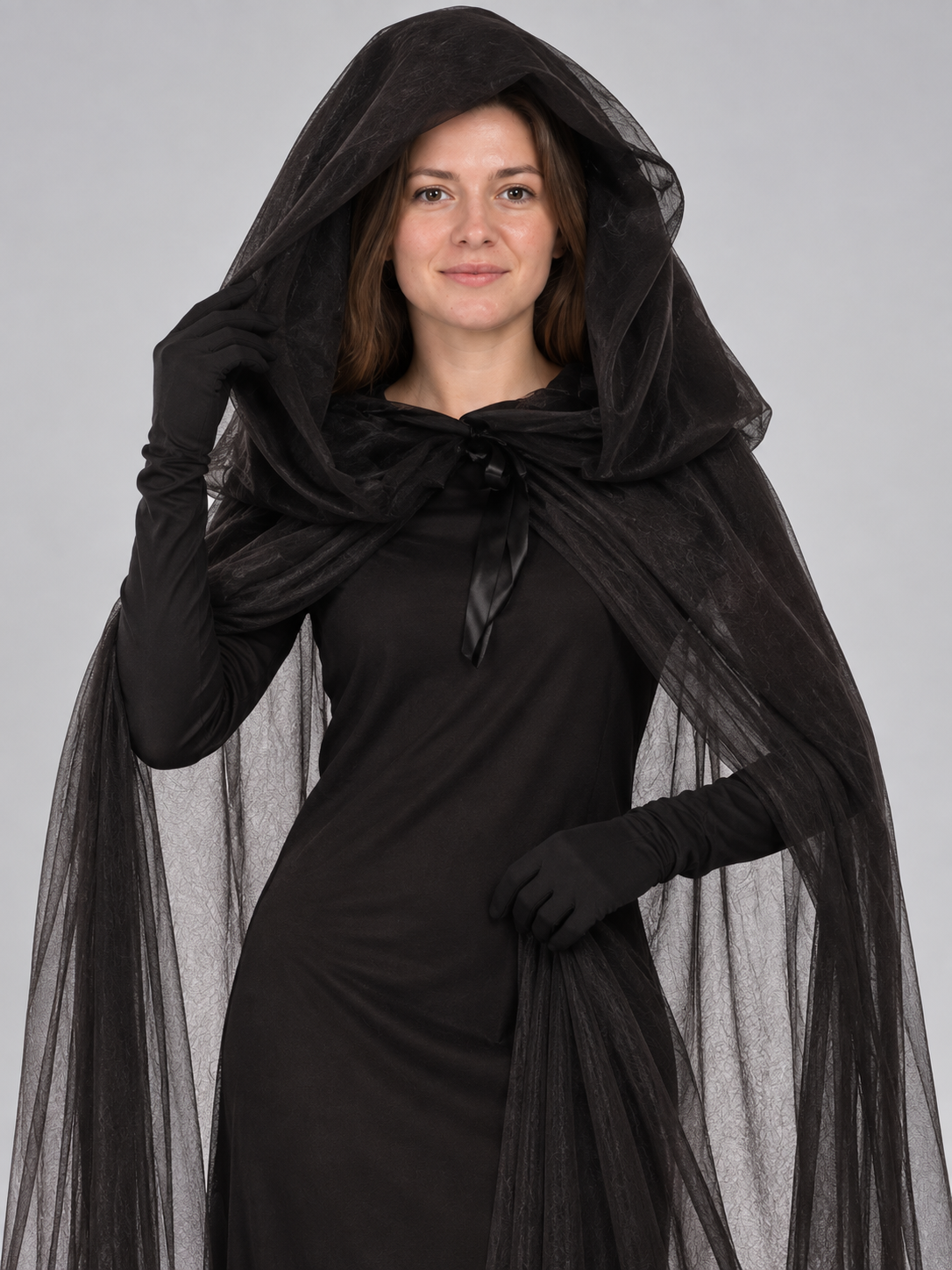 Costume: Black Dress, Cape Cloak, Gloves