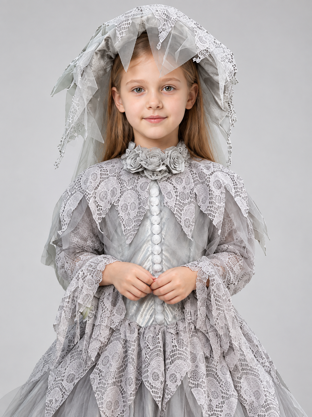 Girls' skeleton bride costume, silver