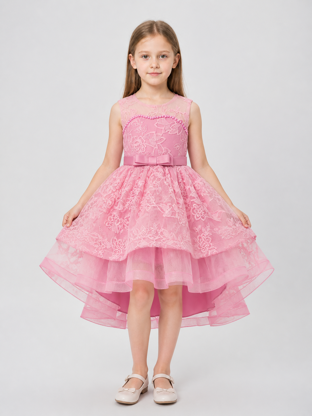 Pink Princess Dress with Bow and Lace Embroidery Costume Dresses detail 3