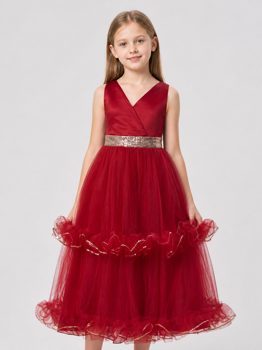Burgundy Long Princess Dress with V-Neck for Performances