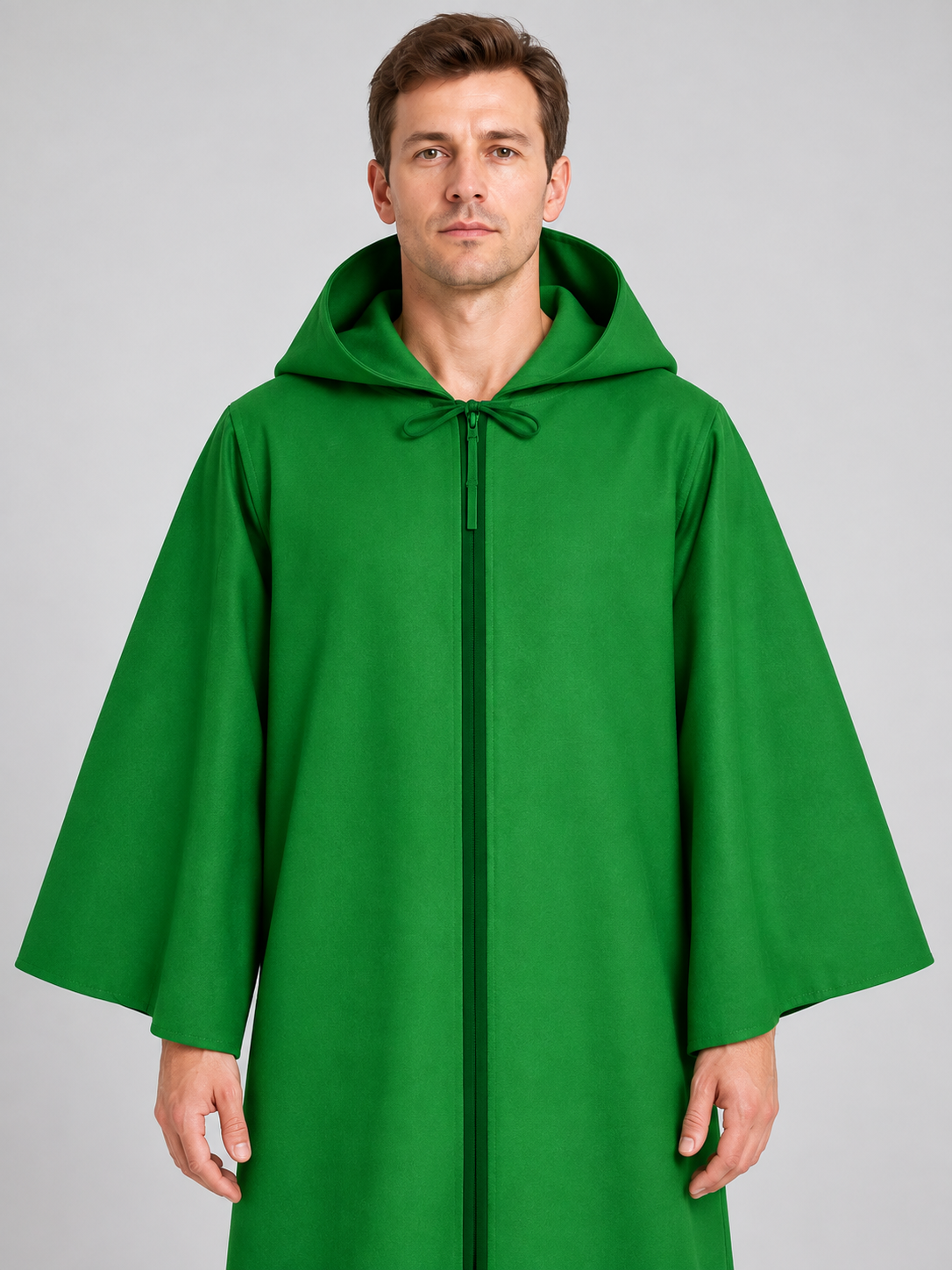 Long Hooded Cloak-Poncho, Green, with Zipper