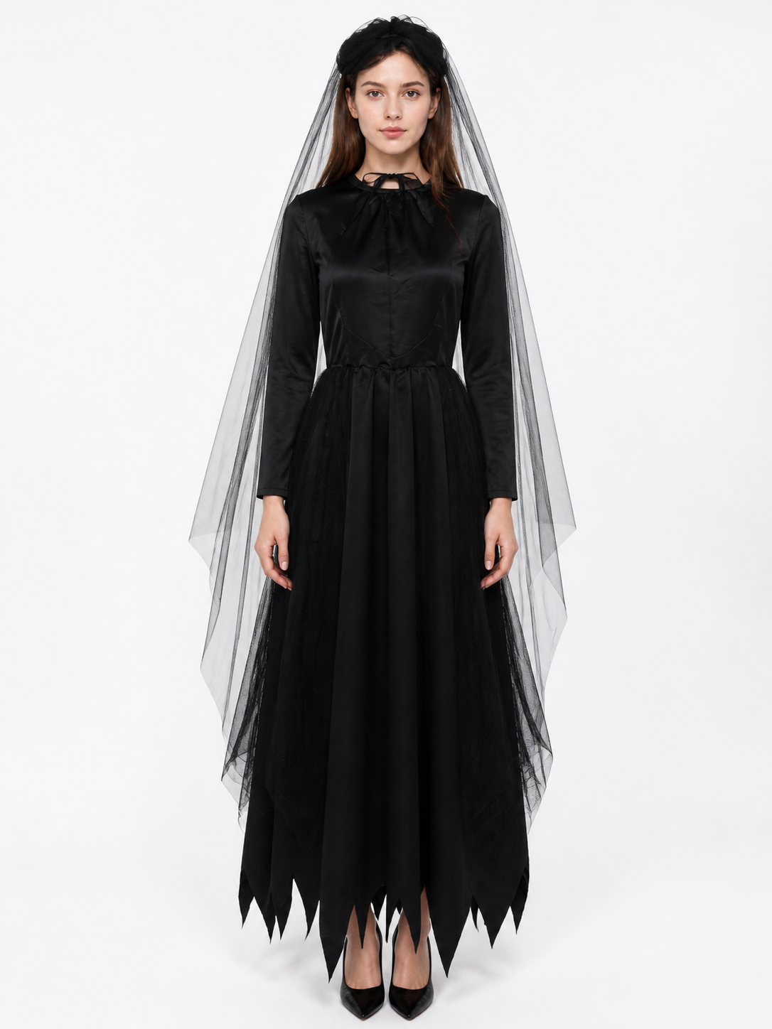 Black Gothic Long Dress with Veil Costume Dresses detail 3