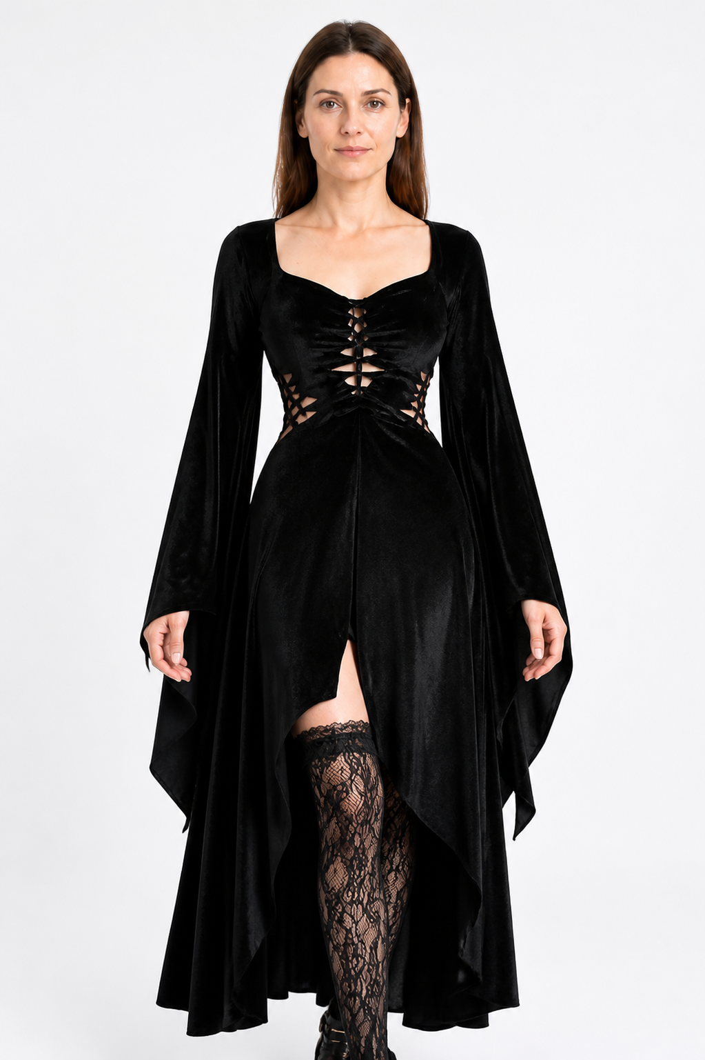 Black Long Gothic Dress with Cross-Lacing Costume Dresses detail 3