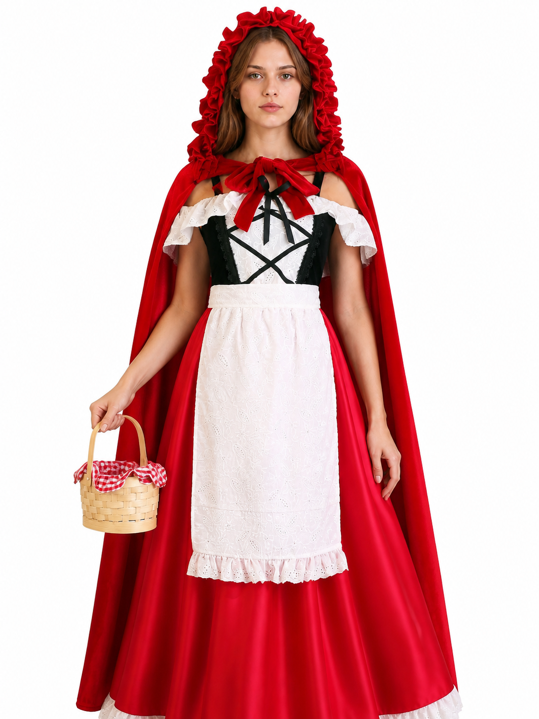 Red Dress with Hooded Cape and Lace Costume Dresses detail 3