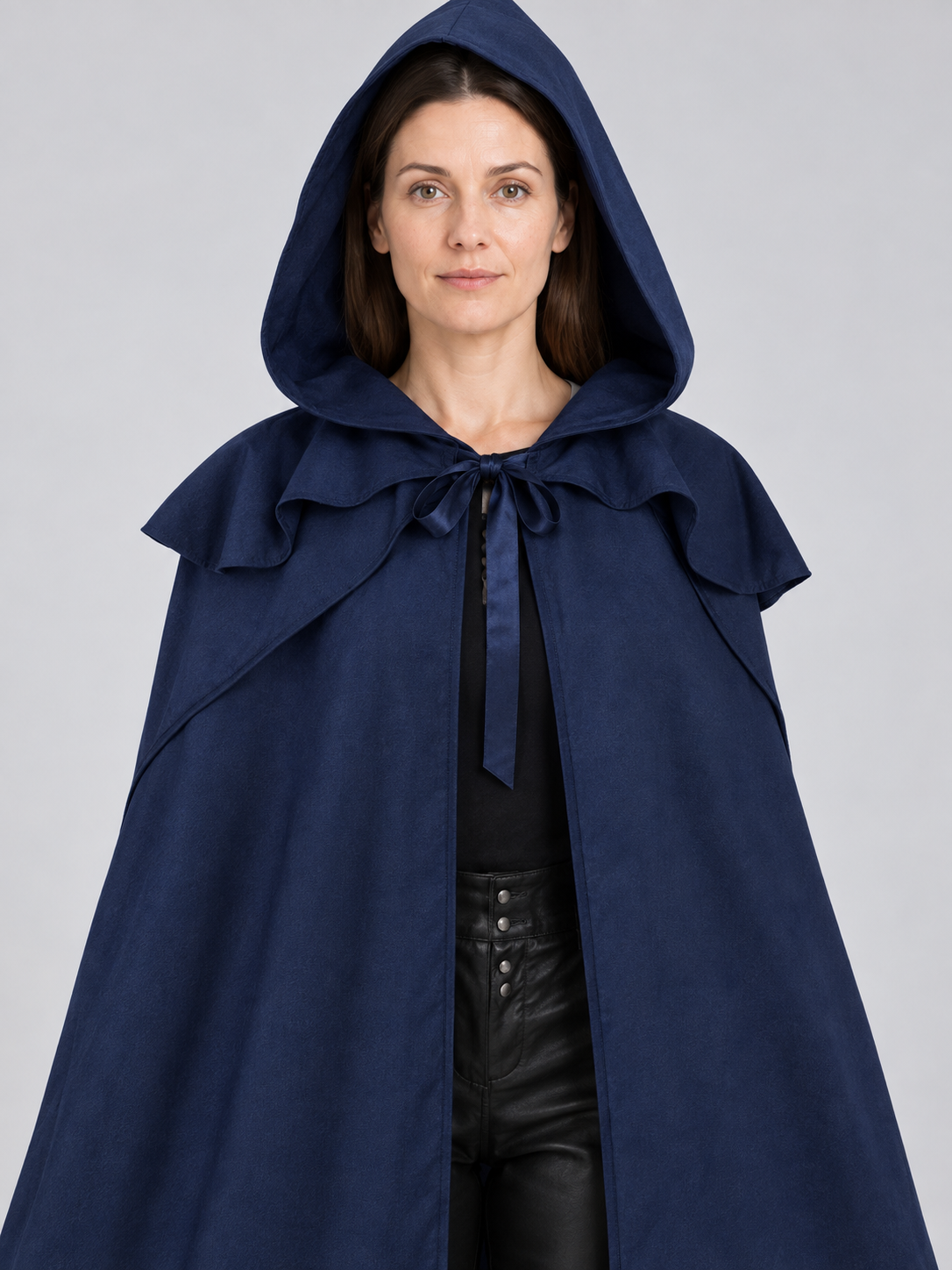 Blue Long Hooded Cloak with Tie Straps