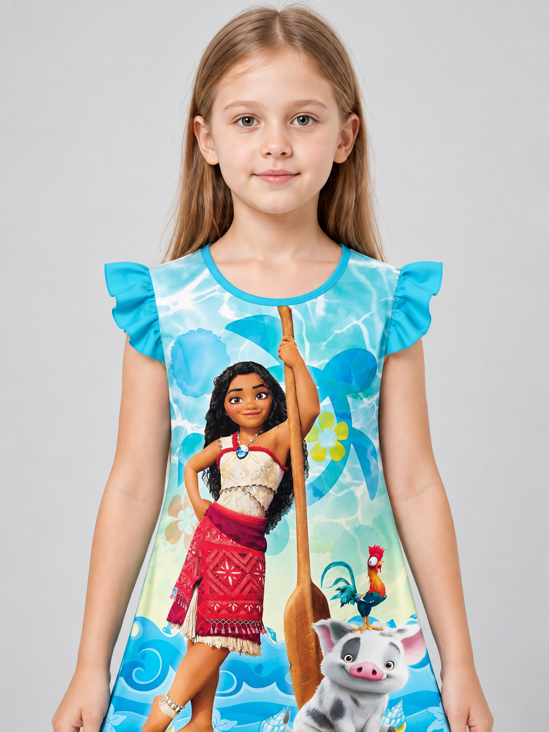 Light Blue Girls' Dress with Print and Flared Skirt