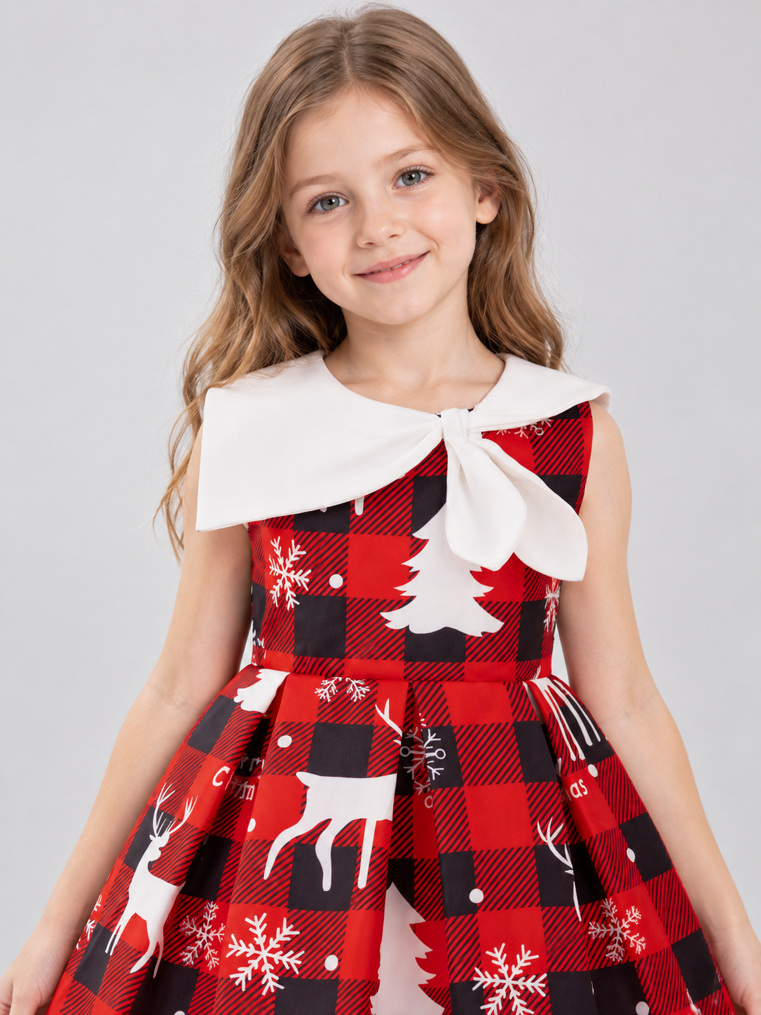 Girls' Plaid Holiday Dress with Christmas Print