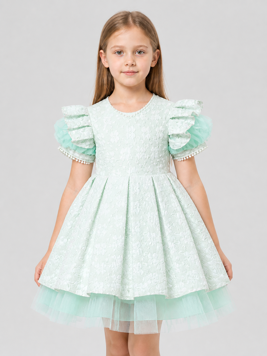 Girls’ Mint Princess Dress with Lace and Tulle product detail 3