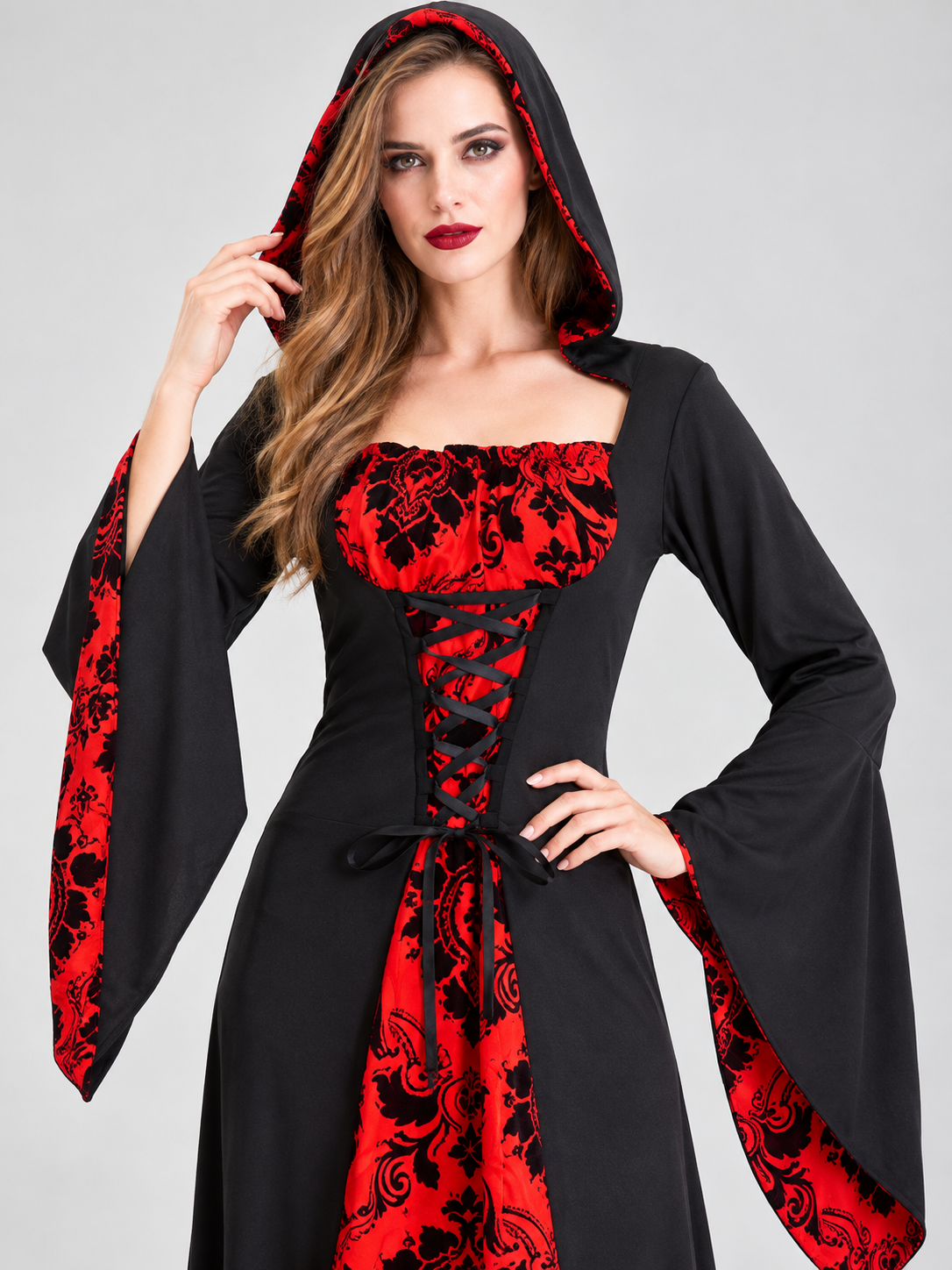 Witch Halloween Costume with Hood and Red Insert
