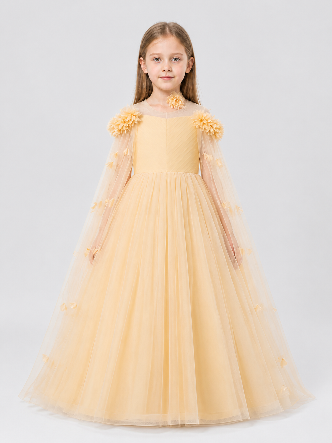 Long Princess Dress with Floral Details, Champagne Costume Dresses detail 3