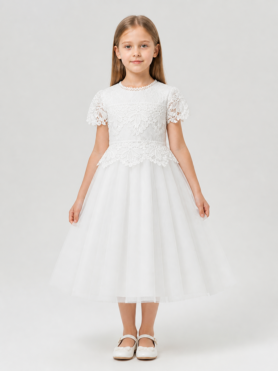 Elegant Girls' Lace Dress, White, Full Skirt Costume Dresses detail 3