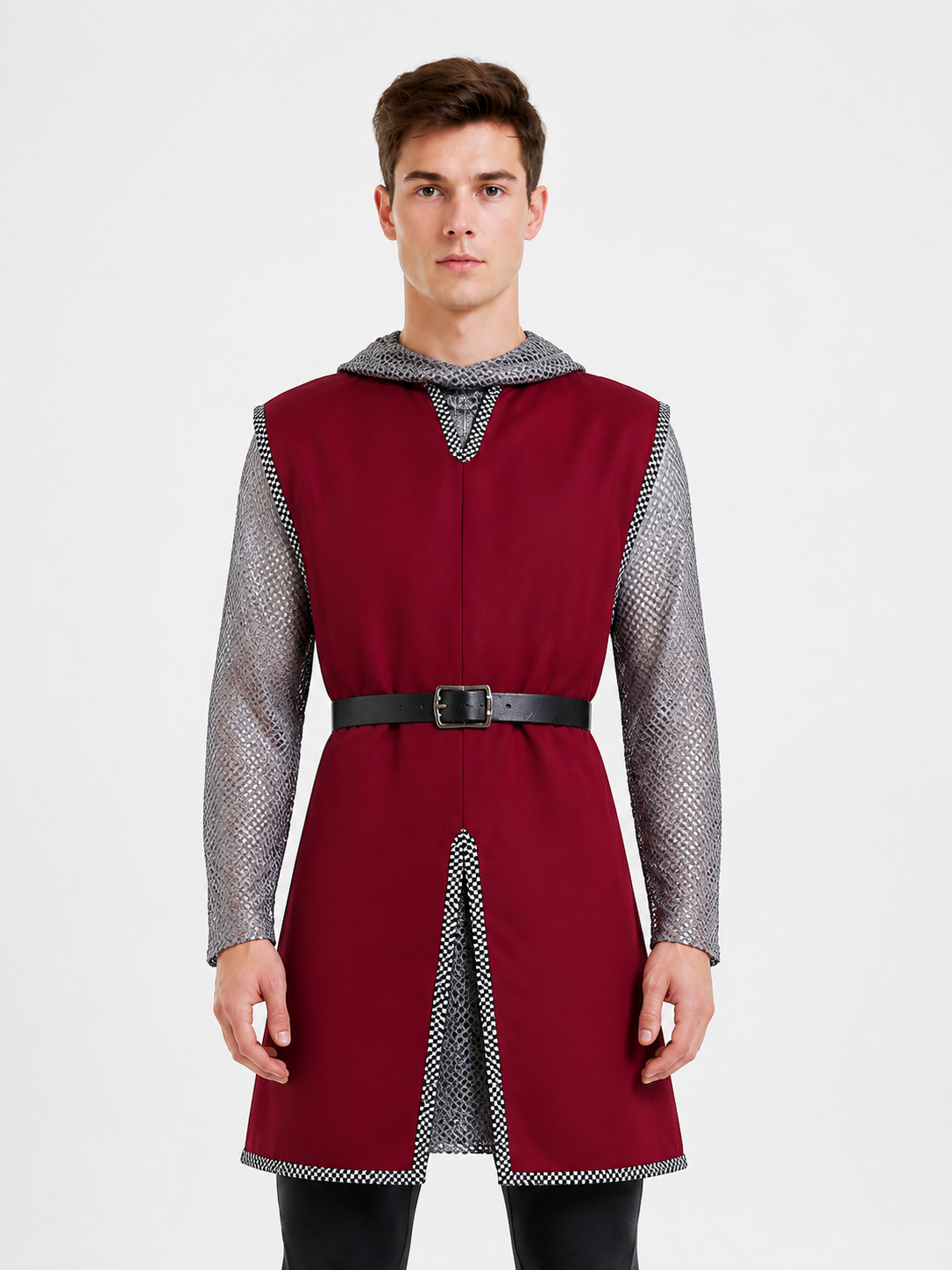 Burgundy Knight Costume with Chainmail and Belt Costumes detail 3
