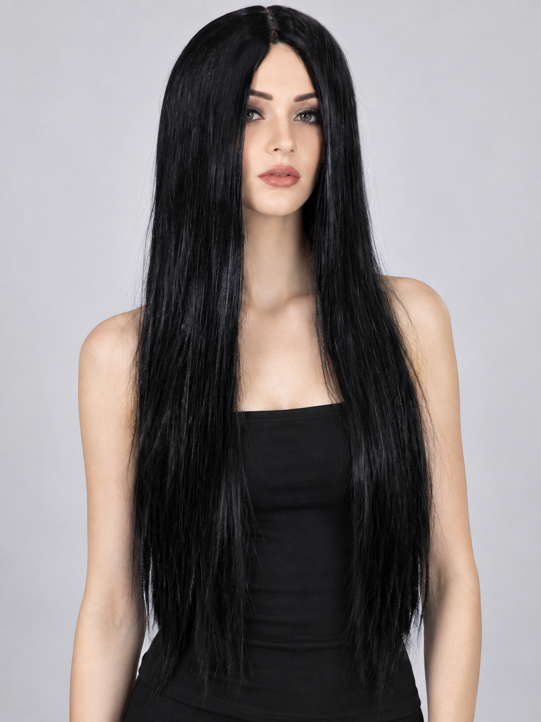 Long straight black wig with a middle part