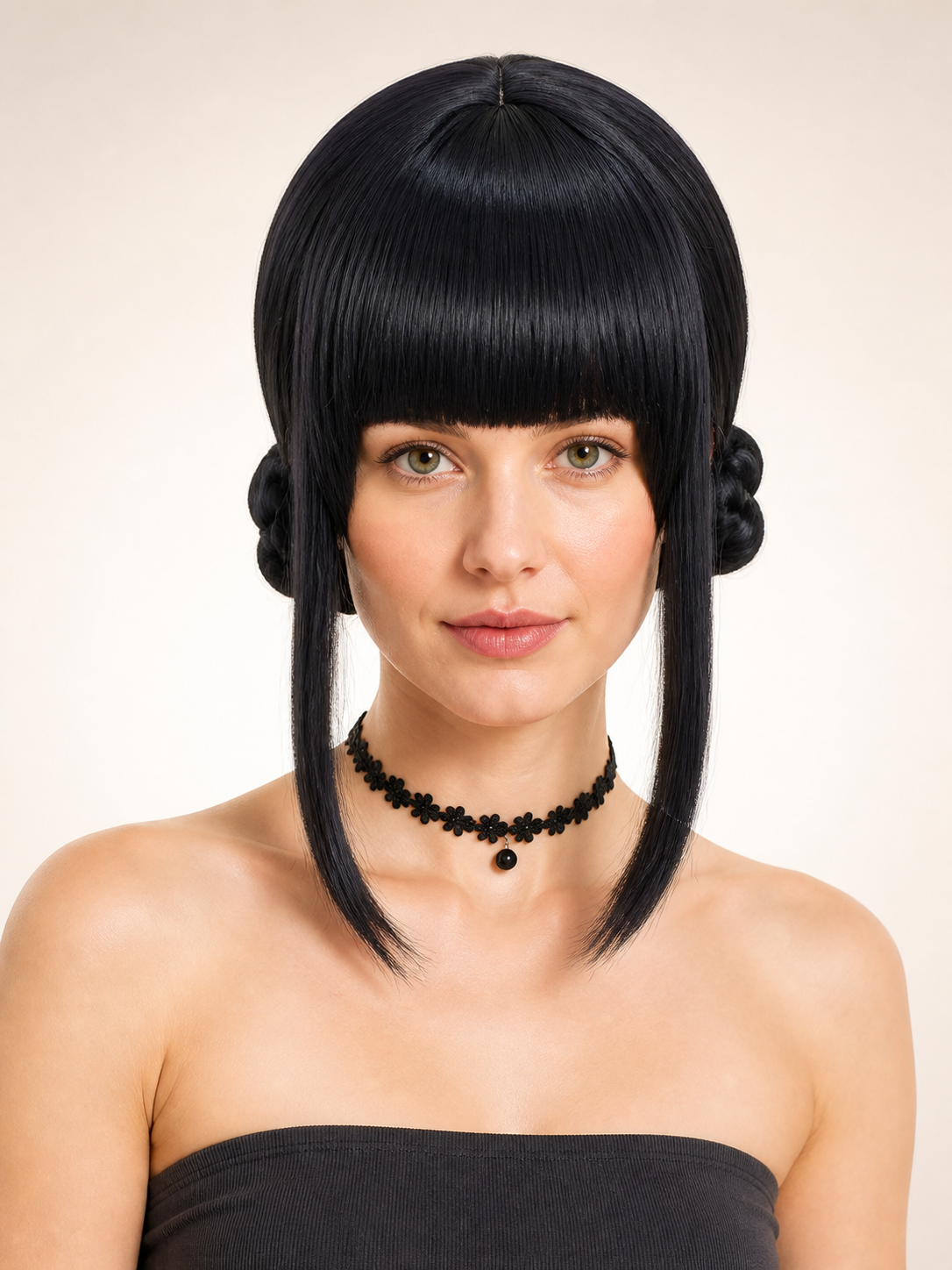 Black Carnival Wig with Buns for Halloween and Cosplay Costume Wigs detail 2