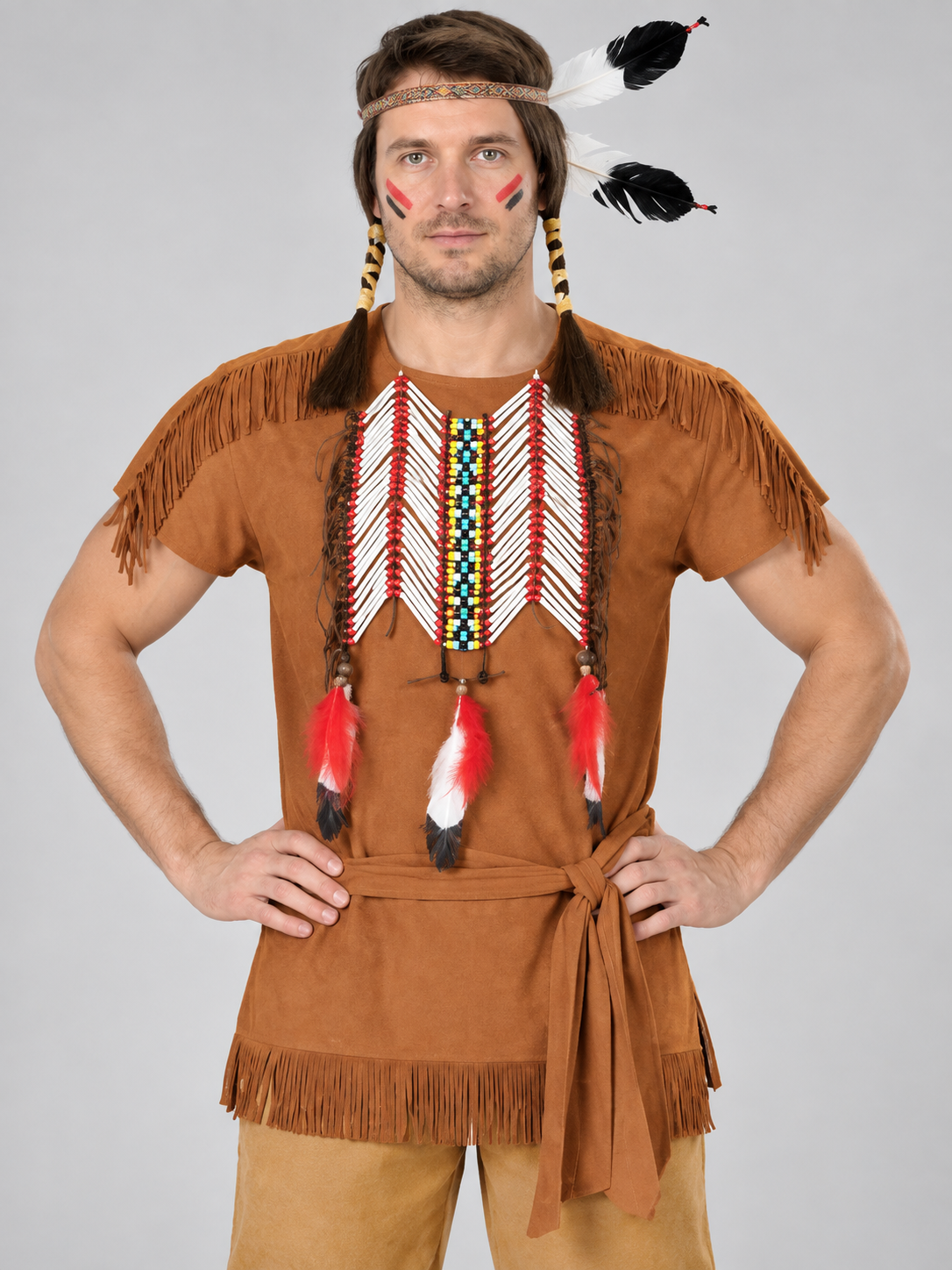Indian-Style Costume with Fringe and Feathers, Brown