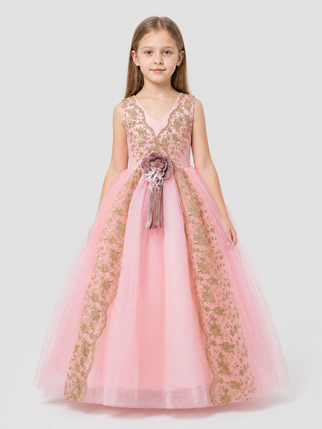 Full Skirt Dress with a V-Neckline and Floral Decoration