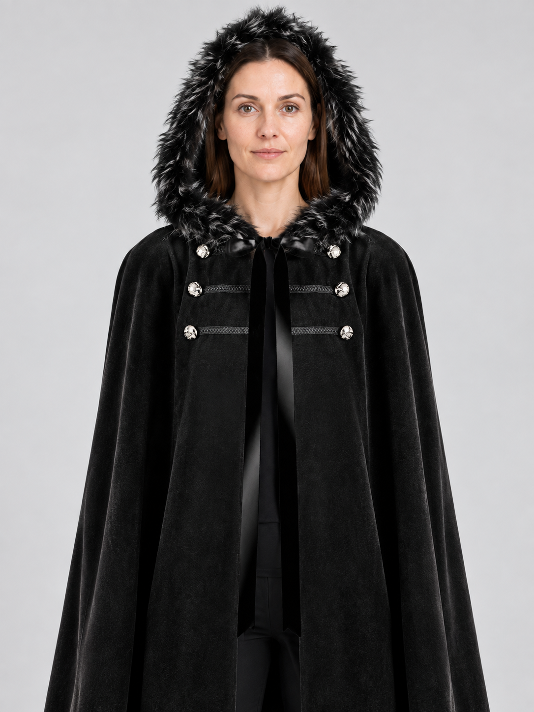 Hooded Cape with Fur Trim, Black