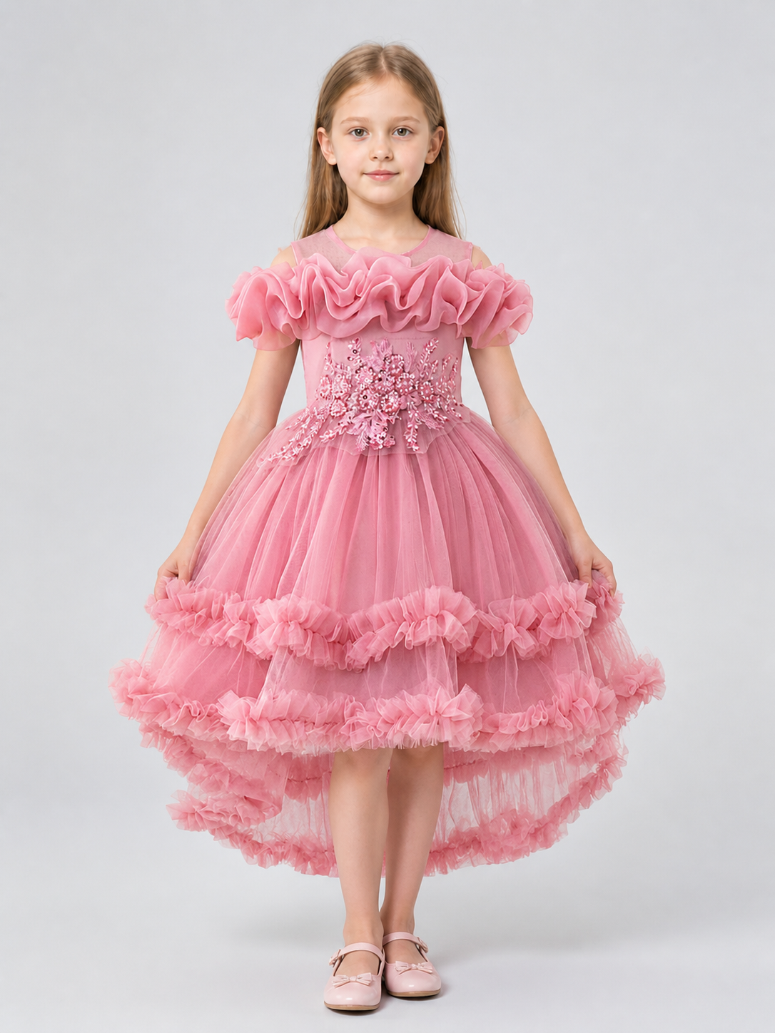 Children's Pink Dress with a Full Skirt and Ruffles Costume Dresses detail 3