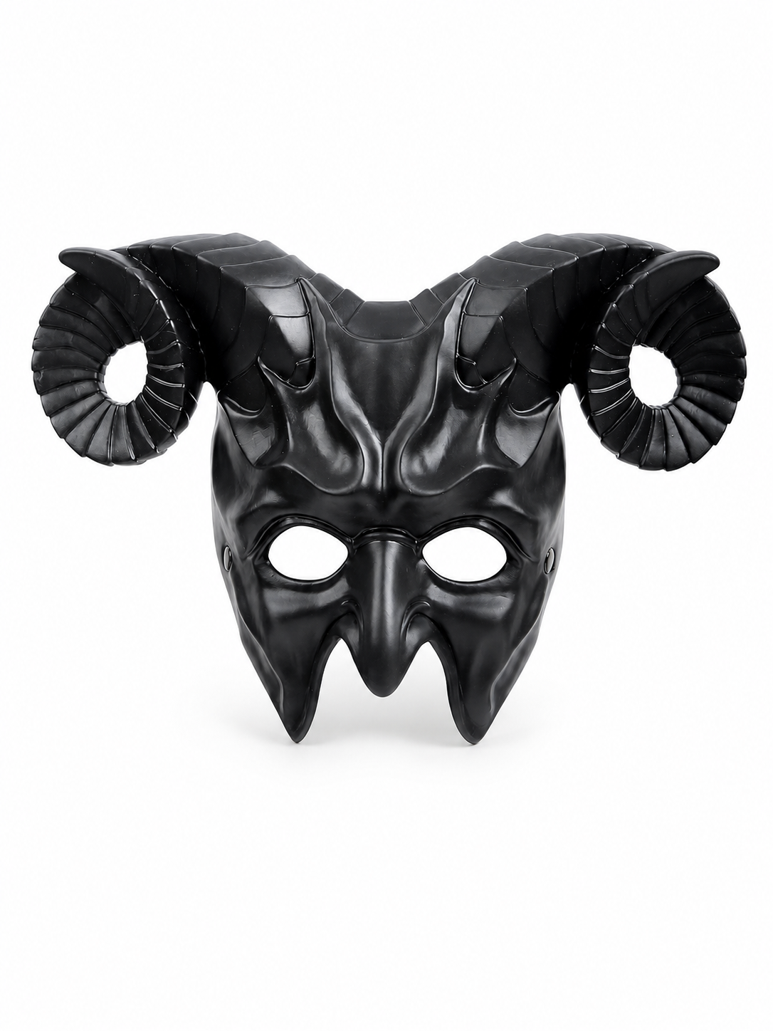 Black full-face demon mask with curled horns shown front-facing on a plain white background