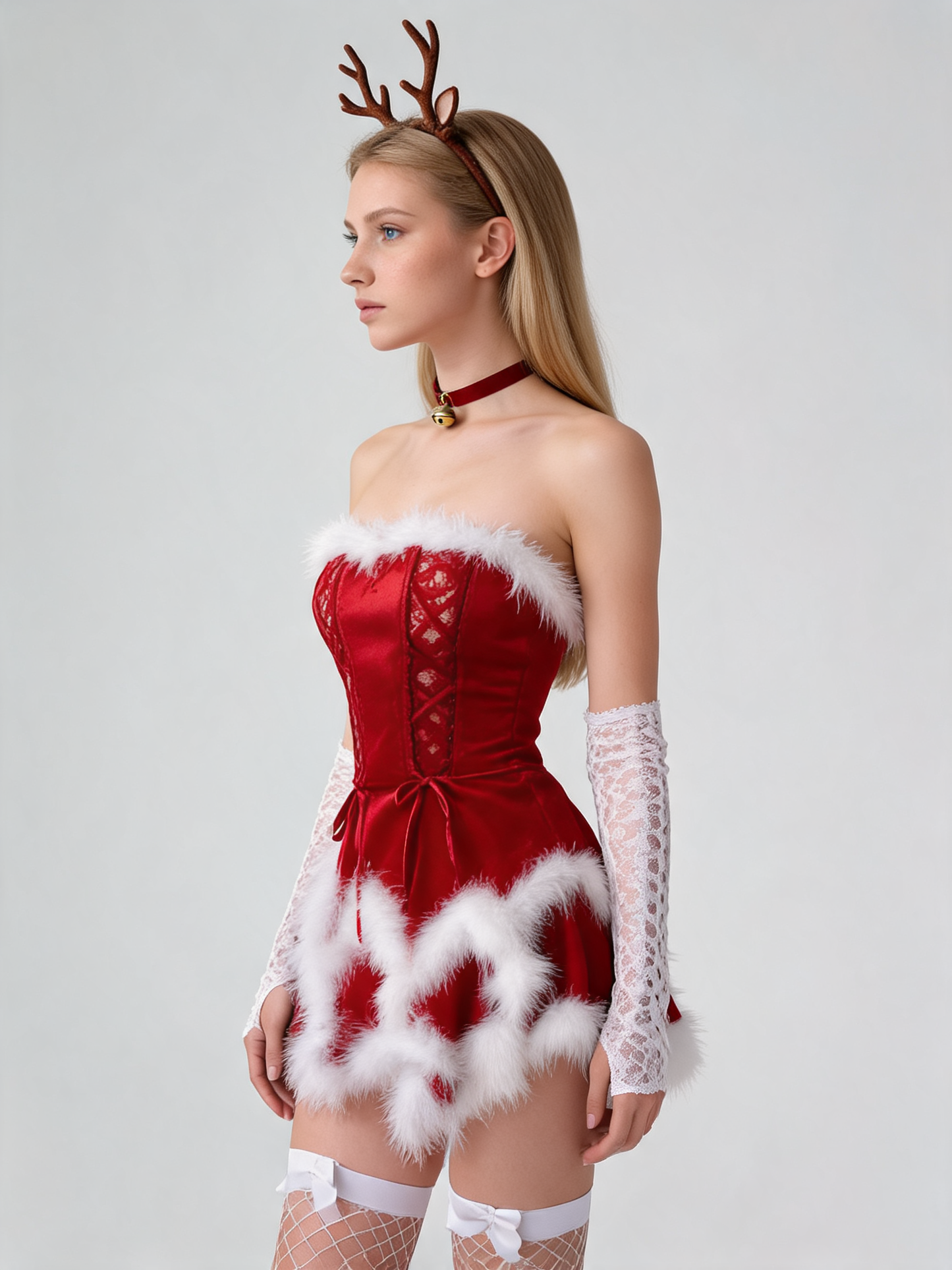 Red Velvet Carnival Costume with Antlers for New Year's