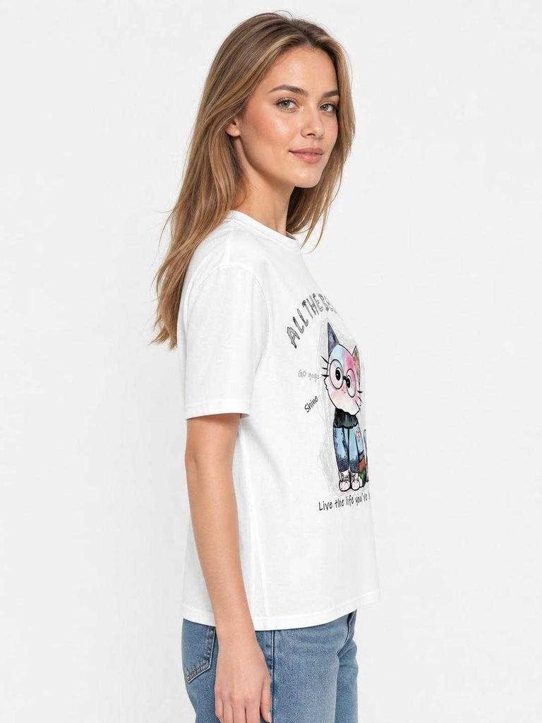 White short-sleeve T-shirt with a party print side view