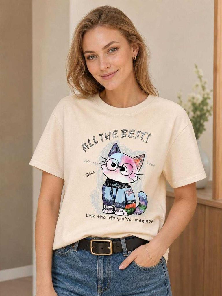 Apricot Cat Print T-Shirt for Parties lifestyle view 2