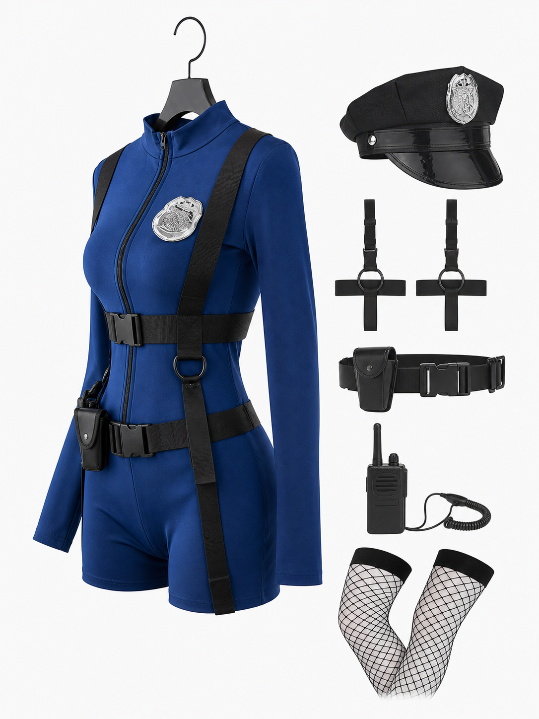 Blue role-play costume with tights, for carnival side view