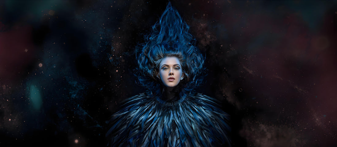 Dramatic blue-black feather fashion from the HOMELEX Feather Collection