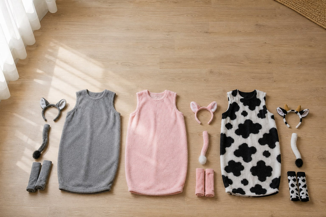 Three identical barrel-shaped animal costume tunics laid flat beside their ears, tail and sock kits