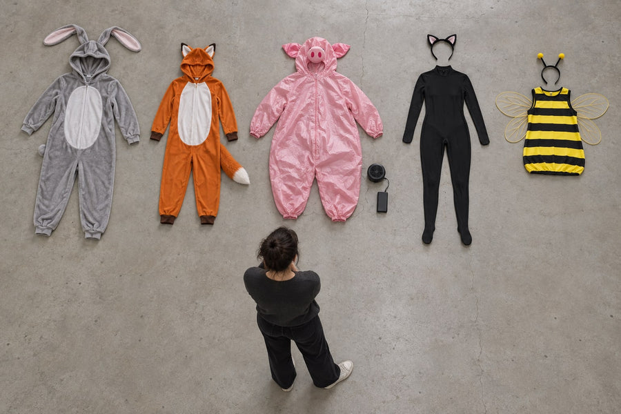 Overhead flat-lay of five animal costume builds in a row: fleece kigurumi, costume jumpsuit, deflated inflatable with fan, stretch bodysuit with ears headband, and a striped tunic with separate wings and antennae