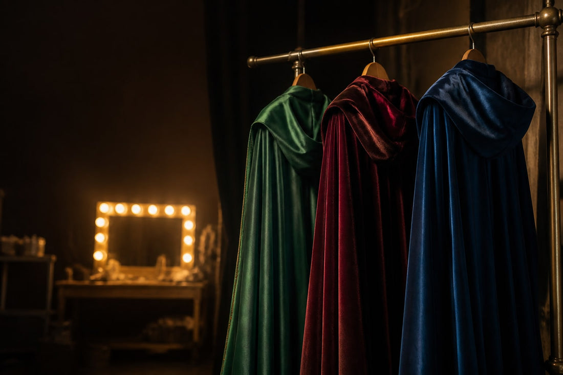 Emerald, burgundy and sapphire hooded cloaks on a brass rail backstage at a theatre
