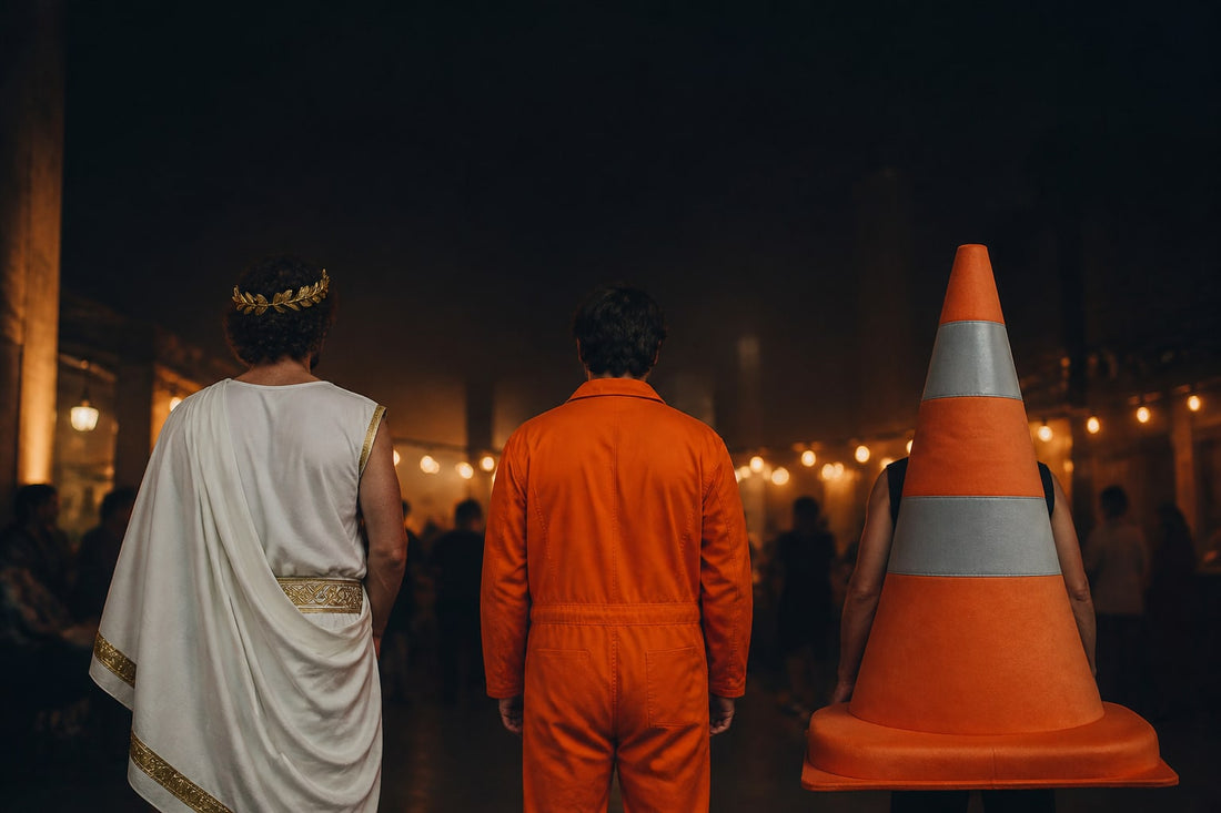 Three costumed adults from behind: a classical robe, an orange prison jumpsuit and a traffic cone costume