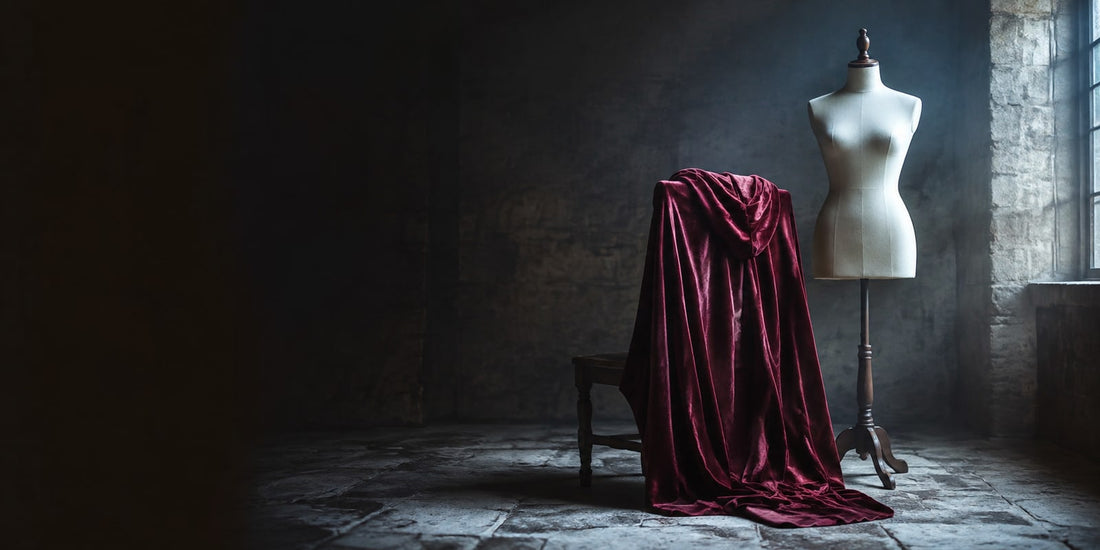 A single burgundy velvet hooded cloak over a wooden chair beside an empty tailor's dress form